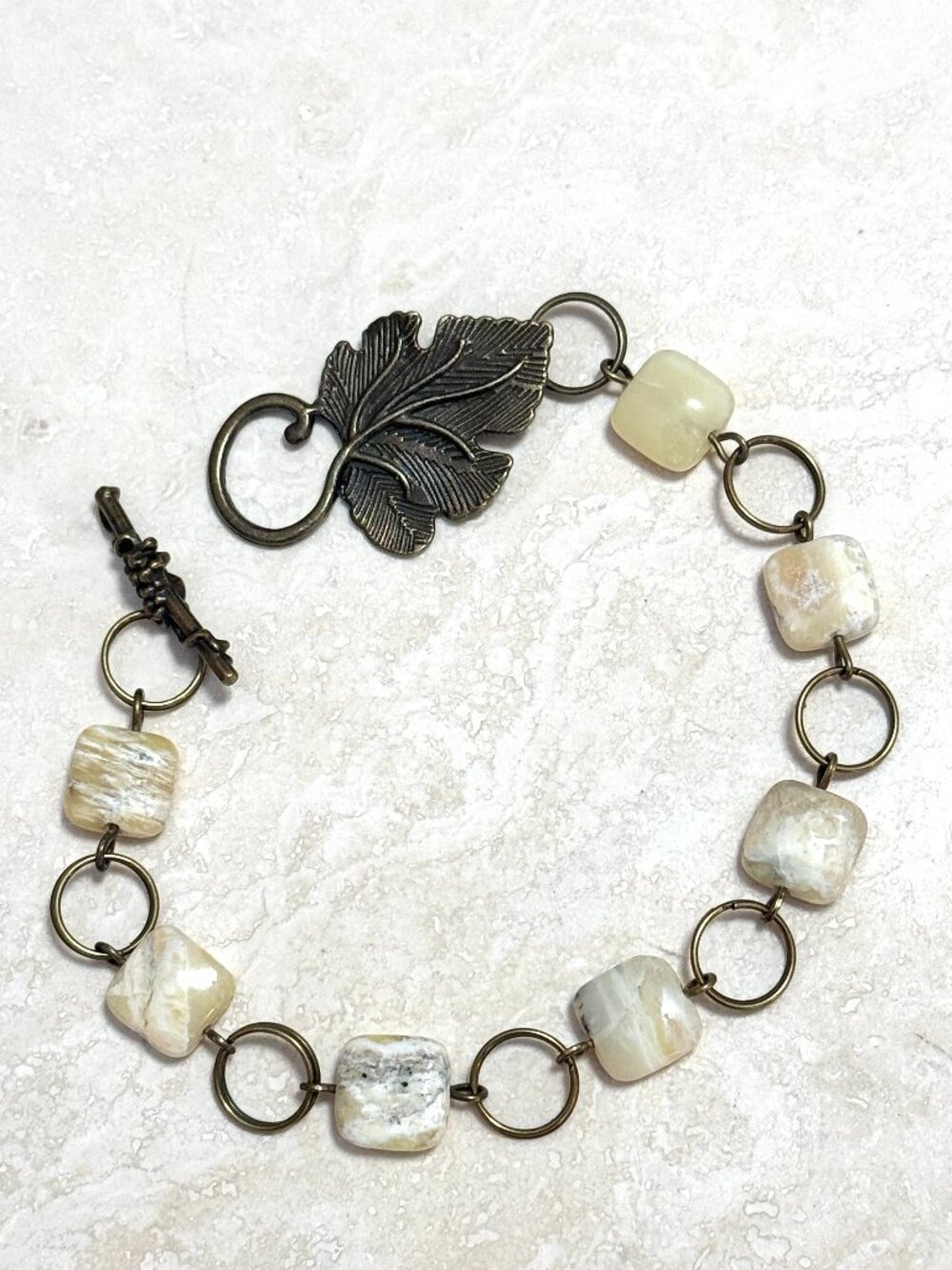 2/$20, Genuine Yellow Calcite Bracelet, Natural Gemstone & Bronze Grape Leaf
